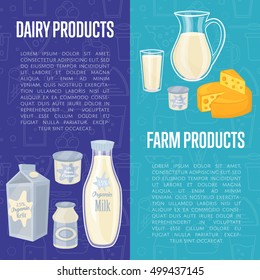 Dairy products vertical flyers with different milk composition isolated on blue background, vector illustrations with space for text. Nutritious and healthy products. Organic farmers food.