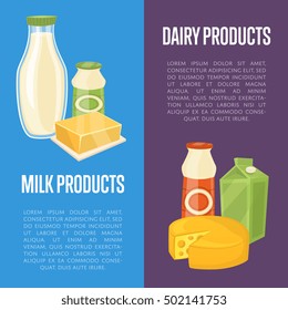 Dairy products vertical flyers with different milk composition isolated on color background, vector illustrations with space for text. Nutritious and healthy products. Organic farmers food.