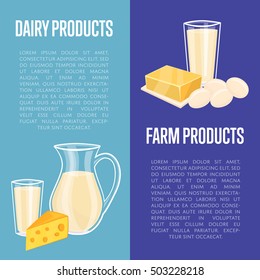 Dairy products vertical flyers with different milk composition isolated on blue background, vector illustrations with space for text. Nutritious and healthy products. Organic farmers food.