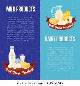 Dairy products vertical flyers with different milk composition isolated on blue background, vector illustrations with space for text. Best dairy products concept. Organic farmers food.