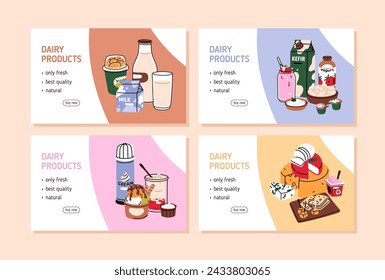 Dairy products, web page background templates set. Webpage design, ad banner with milk, cottage cheese, yogurt, icecream. Fresh natural food, promo landing pages layouts. Flat vector illustrations.