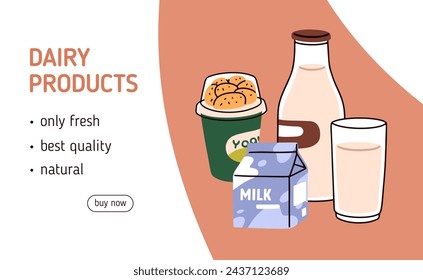 Dairy products, web page background design. Website, online shop, market sale banner, template milk and yogurt produce, production. Store, landing webpage, site layout. Flat vector illustrations