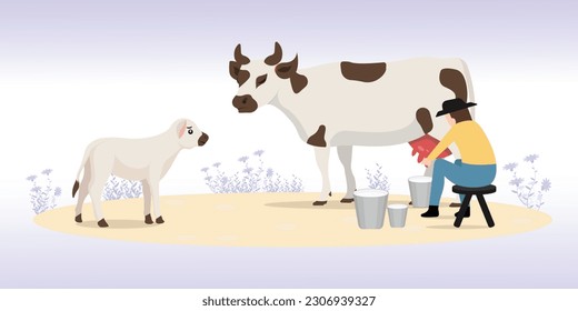 Dairy is Scary Conceptual Abstraction - Milkman Taking Milk from Cow in the Presence of Calf Illustration 