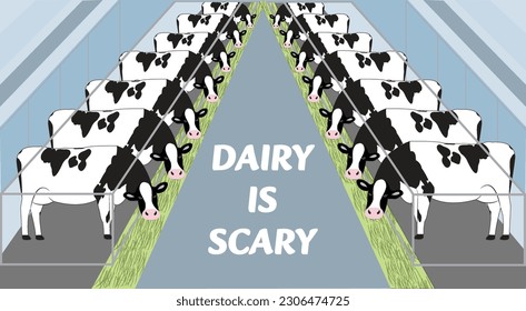Dairy is Scary Illustration - Cows Trapped in Milk Farm for Forced Milk Extraction Concept 