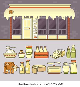 Dairy shop and set of cute various colorful food and drink icons. Flat design vector illustration of small business concept. Stylish dairy boutique.  Included facade, milk, cheese, butter, pack.