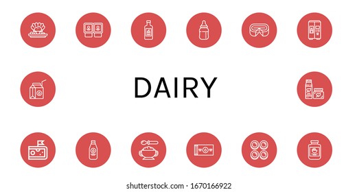Einfache Symbole für Milchprodukte. Enthält Symbole wie Muscheln, Jogurt, Babyflasche, Käse, Milch, Milchflasche, Babynahrung, Butter, Curd, Mayonnaise, kann für Web, Handy und Logo verwendet werden
