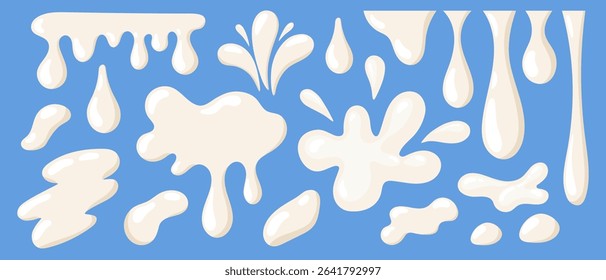Dairy splash set. White milk or yogurt blots, drops, swirl, pour, splashes, and shapes for logo, emblems, sticker, label. Nature organic products. Flat vector illustration isolated on blue background
