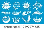 Dairy splashes logo. Cartoon milk emblem stain, drop, blots, round shapes, wave with lettering. Sticker and label for dairy groceries in shop, market. Silhouette milky vector elements.