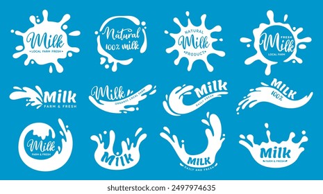 Dairy splashes logo. Cartoon milk emblem stain, drop, blots, round shapes, wave with lettering. Sticker and label for dairy groceries in shop, market. Silhouette milky vector elements.