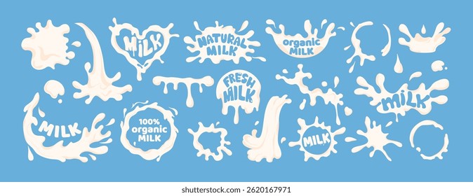 Logo de salpicaduras de lácteos. Conjunto de gotas, manchas y manchas de leche natural con letras. Pegatinas o etiquetas para el diseño de productos lácteos. Colección de Ilustración vectorial plana aislada sobre fondo