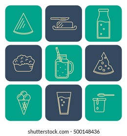 Dairy square icons set in line style design, vector illustration. Milk products symbols on color background. Traditional healthy products. Organic milk farming. Natural food