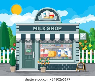 Dairy store or milk shop with signboard, awning. Store facade with storefront. Farmer shop, showcase counter. Milk cheese yogurt butter sour cream. Nature outdoor panorama. Flat vector illustration