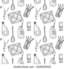 Dairy theme pattern with napkins, spoons, milk bottles, glasses and straws in line art style.