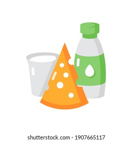 Dairy vector flat color icon. Cheese slice. Milk in glass bottle. Yogurt in plastic container. Healthy eating. Fresh lactose products. Cartoon style clip art for mobile app. Isolated RGB illustration