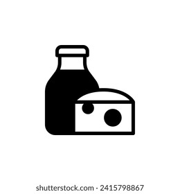 Dairy vector icon. Cheese and milk bottle symbol illustration. Black silhouette pictogram of protein food. Simple product sign template for shop, store, supermarket
