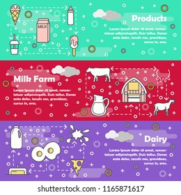 Dairy vector web banner template set. Products, Milk farm and Dairy concept thin line art flat style design elements.