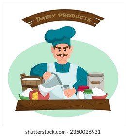 Vendedor de productos lácteos en un pequeño mercado rural. Concepto de venta callejera de productos naturales caseros. Ilustración vectorial plana.