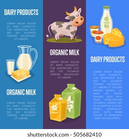 Dairy vertical flyers with different milk products and cow on green field, isolated vector illustrations with space for text. Nutritious and healthy products. Organic farming. Natural and healthy food