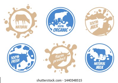 Dairy vintage vector logos, milk badges, cheese packaging labels with farm animal. Dairy badge of set, fresh milk product label and badge illustration.