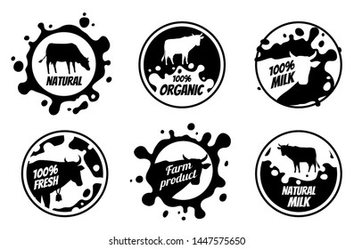 Dairy vintage vector logos, milk badges, cheese packaging labels with farm animal. Dairy badge of set, fresh milk product label and badge illustration.