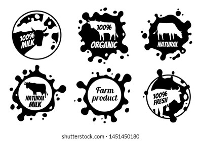 Dairy vintage vector logos, milk badges, cheese packaging labels with farm animal. Dairy badge of set, fresh milk product label and badge illustration.