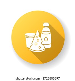 Dairy yellow flat design long shadow glyph icon. Cheese slice. Milk in glass bottle. Yogurt in plastic container. Fresh lactose products. Grocery store category. Silhouette RGB color illustration