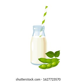 Dairy-free soy milk bottle with straw, green soybean pod with leaves. Vector illustration cartoon flat icon isolated on white.