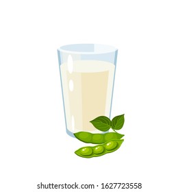 Dairy-free soy milk glass, green soybean pod with leaves. Vector illustration cartoon flat icon isolated on white.