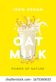 Dairy-free vegan oat milk, template for packaging label design. Vector illustration cartoon flat icon isolated on yellow.
