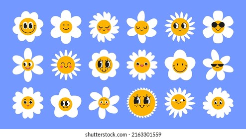 Daises with cute faces cartoon illustration set. Happy white camomiles characters smiling or laughing, expressing different emotions on blue background. Flowers, greeting concept