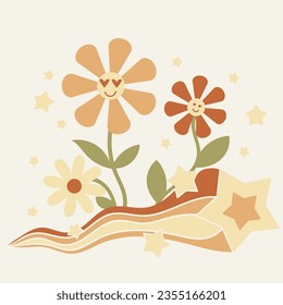 Daises Flowers and Shooting Stars. Groovy Flowers. Retro colorful vector illustration 