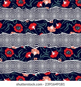 Daises patchwork pattern with abstarct leaves