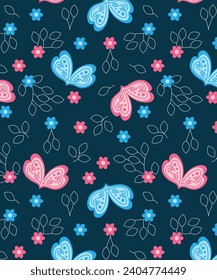Daises with stroke leaves and butterflies pattern
