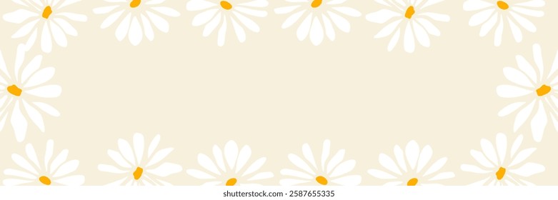 Daisies backdrop with border of blooming flowers and leaves. Design of horizontal banner, place for a text 