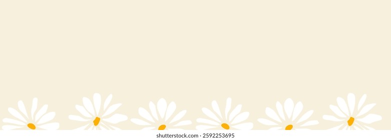 Daisies backdrop with border of blooming flowers and leaves. Design of horizontal banner, place for a text 