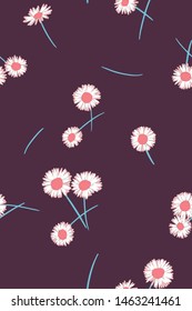 Daisies background. Small daisy flowers seamless pattern. Gentle floral illustration. Trendy flat drawing. Good for textile, fabric, wallpaper, bedding, clothes, wrapper, surface