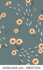 Daisies background. Small daisy flowers seamless pattern. Gentle floral illustration. Trendy flat drawing. Good for textile, fabric, wallpaper, bedding, clothes, wrapper, surface