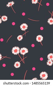 Daisies background. Small daisy flowers seamless pattern. Gentle floral illustration. Trendy flat drawing. Good for textile, fabric, wallpaper, bedding, clothes, wrapper, surface
