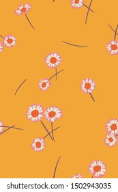 Daisies background. Small daisy flowers seamless pattern. Gentle floral illustration. Trendy flat drawing. Good for textile, fabric, wallpaper, bedding, clothes, wrapper, surface