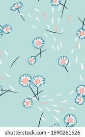 Daisies background. Small daisy flowers seamless pattern. Gentle floral illustration. Trendy flat drawing. Good for textile, fabric, wallpaper, bedding, clothes, wrapper, surface