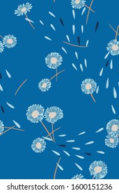 Daisies background. Small daisy flowers seamless pattern. Gentle floral illustration. Trendy flat drawing. Good for textile, fabric, wallpaper, bedding, clothes, wrapper, surface