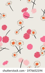 Daisies background. Small daisy flowers seamless pattern. Gentle floral illustration. Trendy flat drawing. Good for textile, fabric, wallpaper, bedding, clothes, wrapper, surface