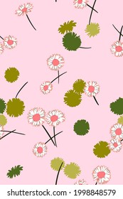 Daisies background. Small daisy flowers seamless pattern. Gentle floral illustration. Trendy flat drawing. Good for textile, fabric, wallpaper, bedding, clothes, wrapper, surface