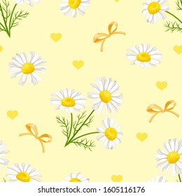 Daisies, bows and hearts on a yellow background. Festive seamless pattern. Vector illustration of flowers in cartoon flat style.