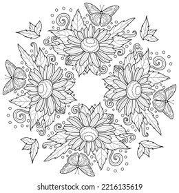 Daisies y mariposas.
Patrón simétrico. Colorante antiestrés de libro para niños y adultos. Ilustración aislada sobre fondo blanco. Estilo zenano-margino. Dibujo manual