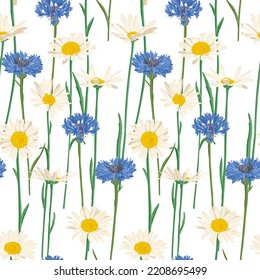 daisies, chamomiles and blue cornflowers, field flowers, vector drawing seamless pattern with wild plants at white background, flowering meadow , hand drawn botanical illustration