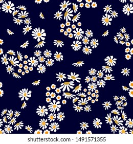 	
Daisies and chamomiles fields. Trendy fabric pattern with miniature flowers. Botanical seamless print with different floral elements. Vintage textile collection.