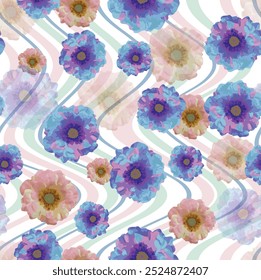 Daisies and chrysanthemum flowers abstract vector seamless design. Striped wavy pattern on background.