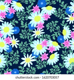 Daisies, cloves, cornflower. Seamless vector pattern on a dark blue background. For textiles, Wallpaper, background, packaging paper, fabric.