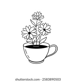 Daisies in a coffee cup. Cute cottagecore illustration with flowers in a mug. Vector hand drawn doodle